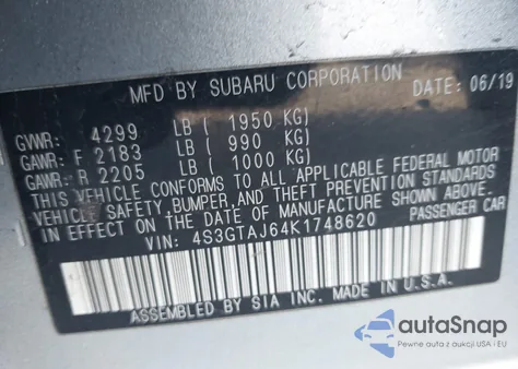 2019 Subaru Impreza 2.0I Sport from USA, damaged, VIN 4S3GTAJ64K1748620